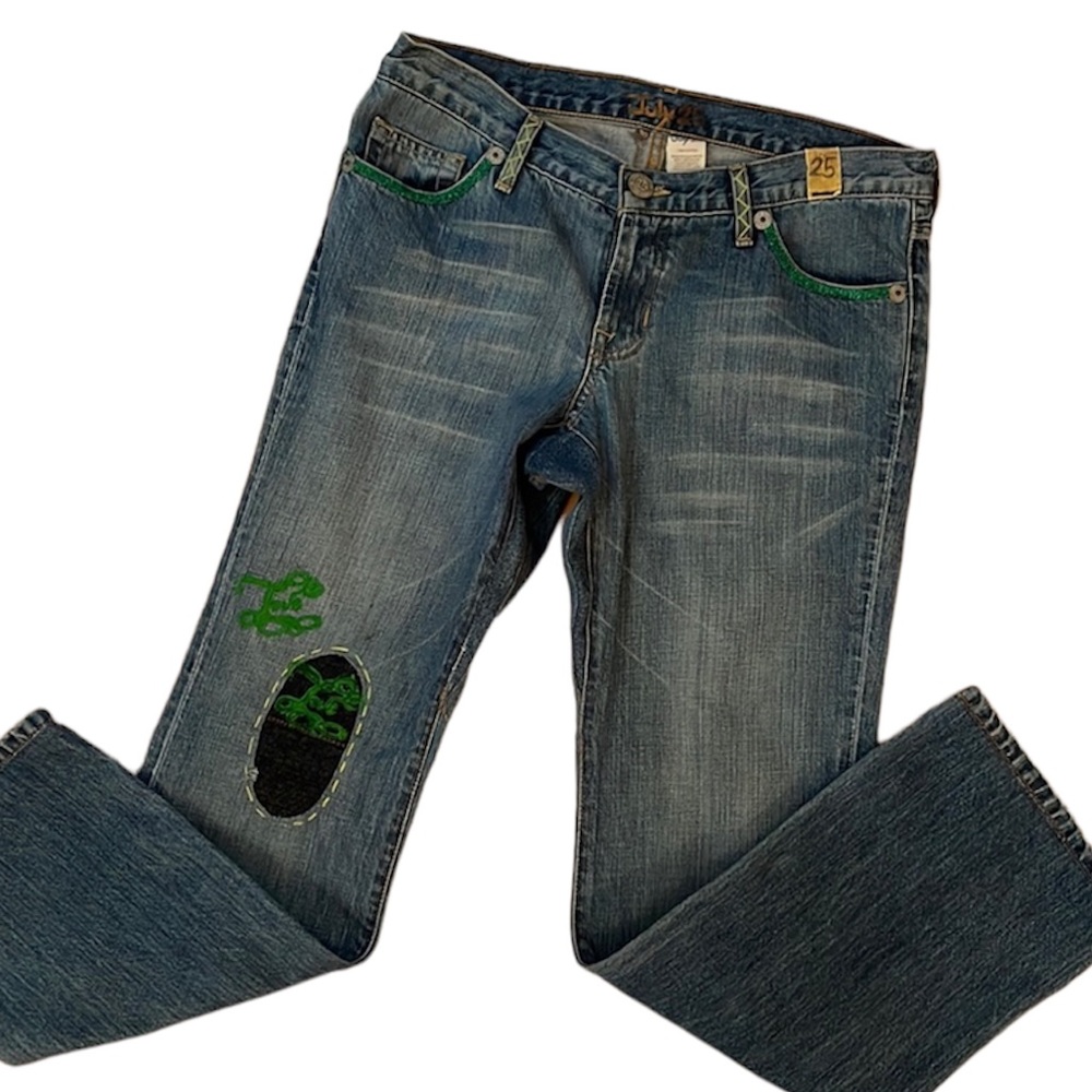 RETRO 70s JULY 25 Embroidered Paint Embellished Flare Leg Denim Jeans Size 30